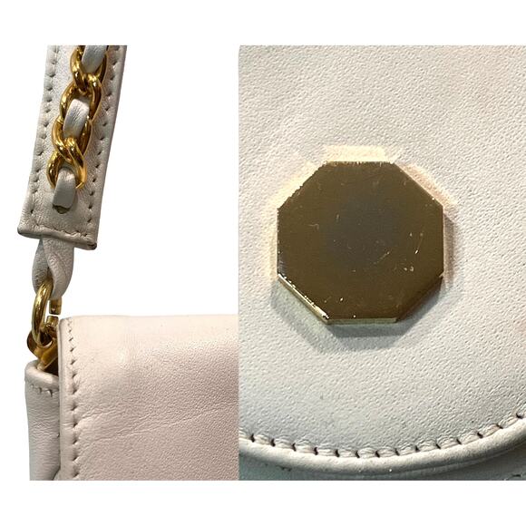 80s 90s White Leather Semi Circle Shoulder Bag Gold Chain Accents - Picture 6 of 11